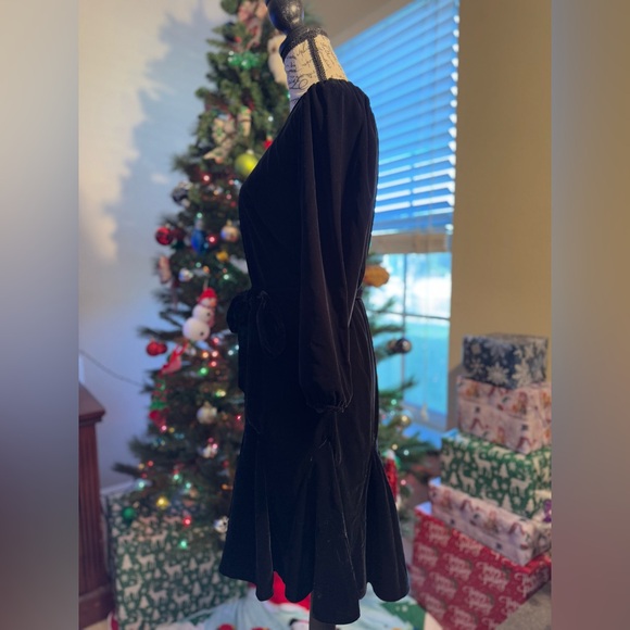 Loft XS Petite Black Velvet Flowing Godet Mini Dress W/ Tie 3/4 Sleeve 15x35 NWT - Picture 4 of 5